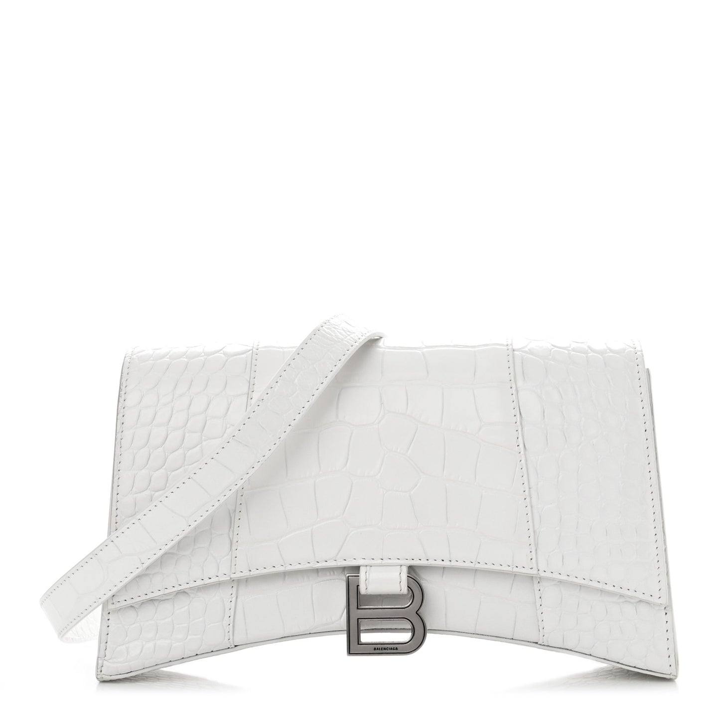 Shiny Calfskin Crocodile Embossed Small Hourglass Sling Shoulder Bag White