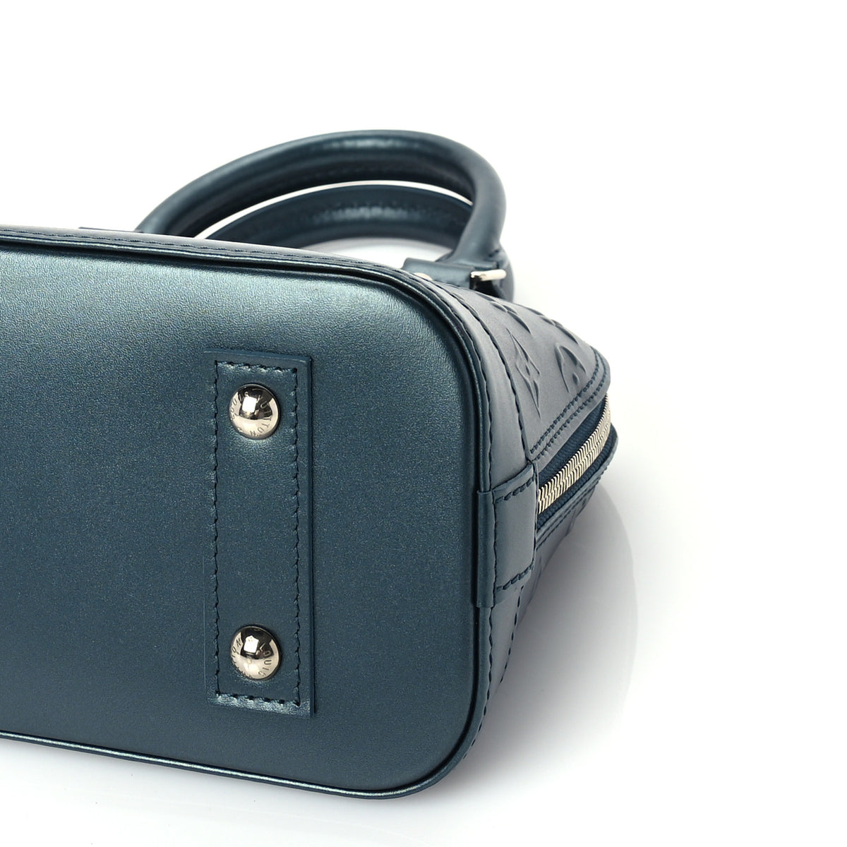 Metallic Calfskin Debossed Monogram Alma BB Steel Blue
