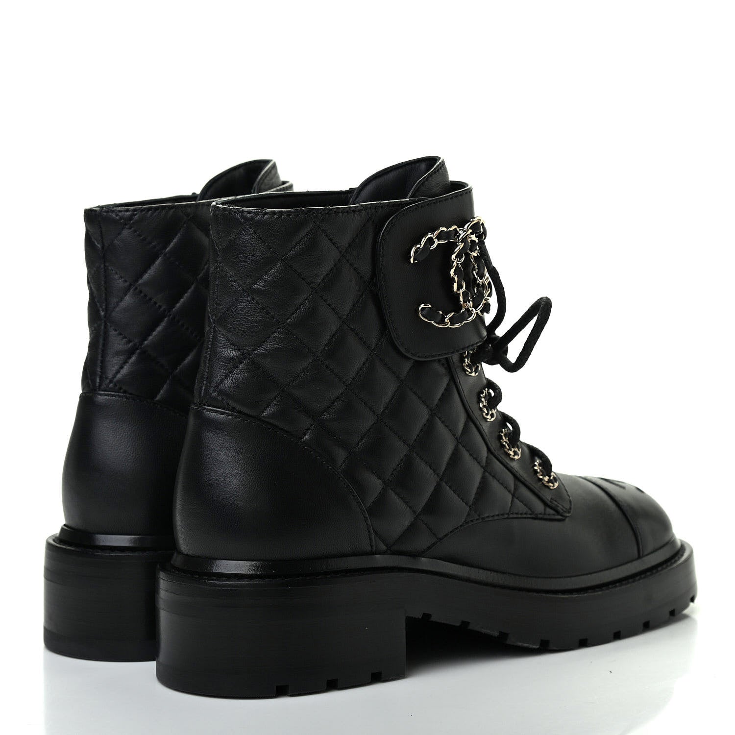 Chanel Shiny Lambskin Quilted Lace Up Combat Boots 36 Black 4 of 7