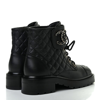 Chanel Shiny Lambskin Quilted Lace Up Combat Boots 36 Black 4 of 7