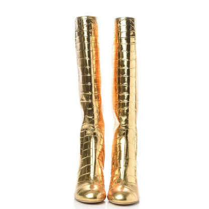 Chanel Calfskin Crocodile Embossed Cap Toe High Boots 38 Gold 2 of 8