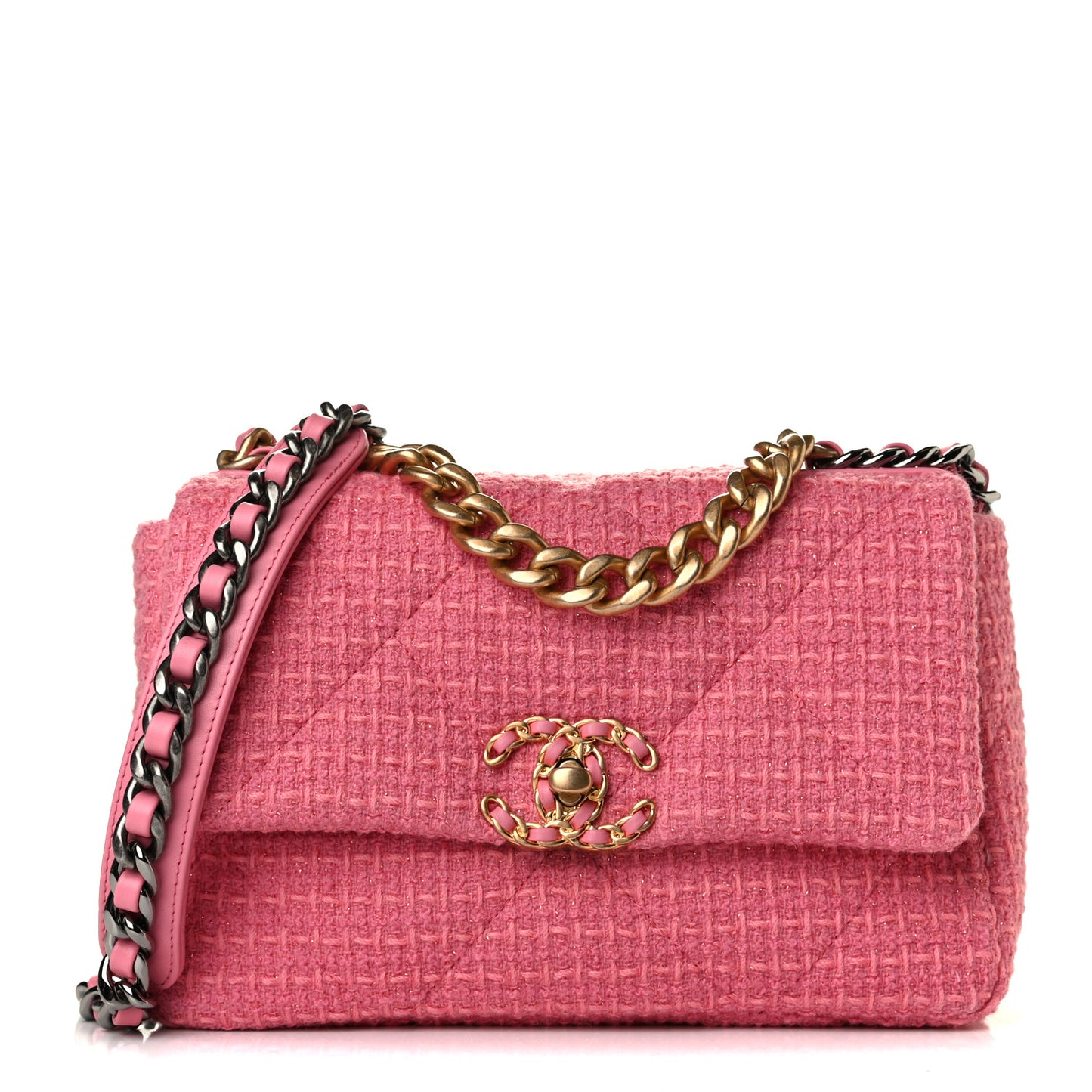Metallic Tweed Quilted Medium Chanel 19 Flap Pink