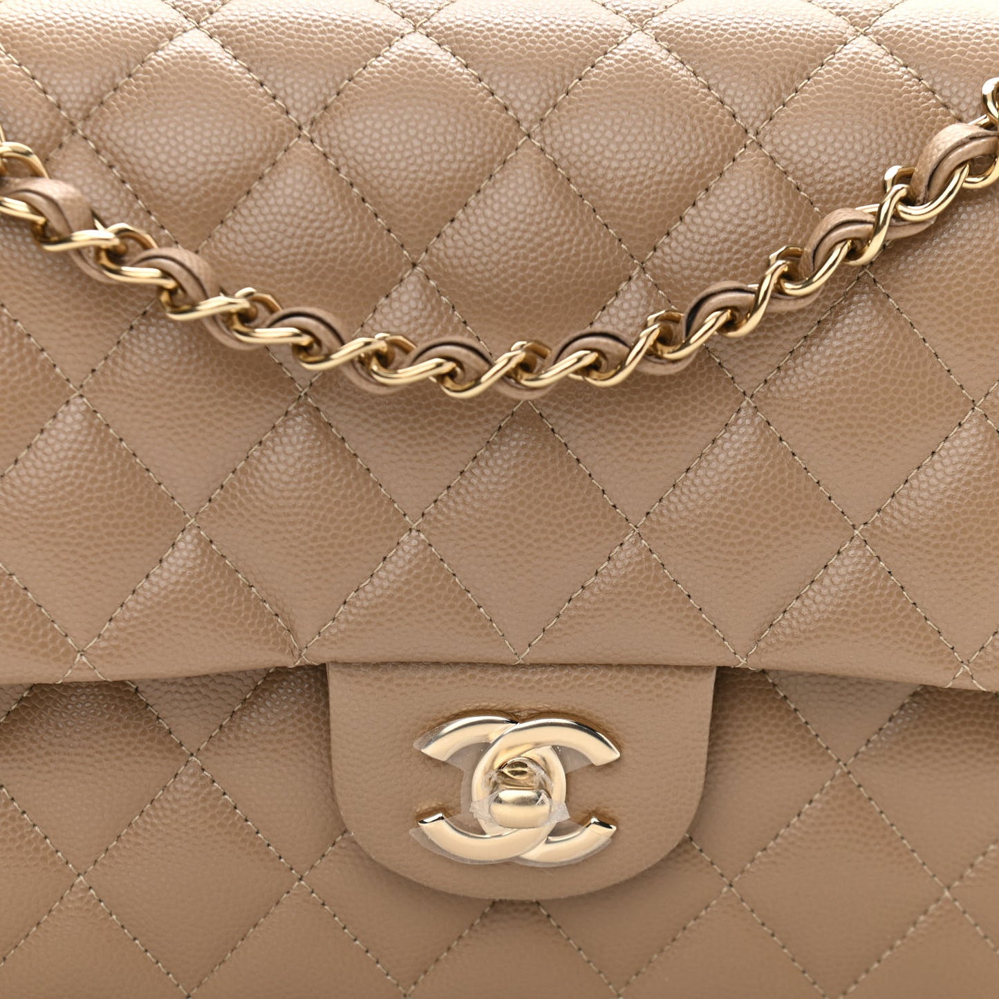 Caviar Quilted Medium Double Flap Beige