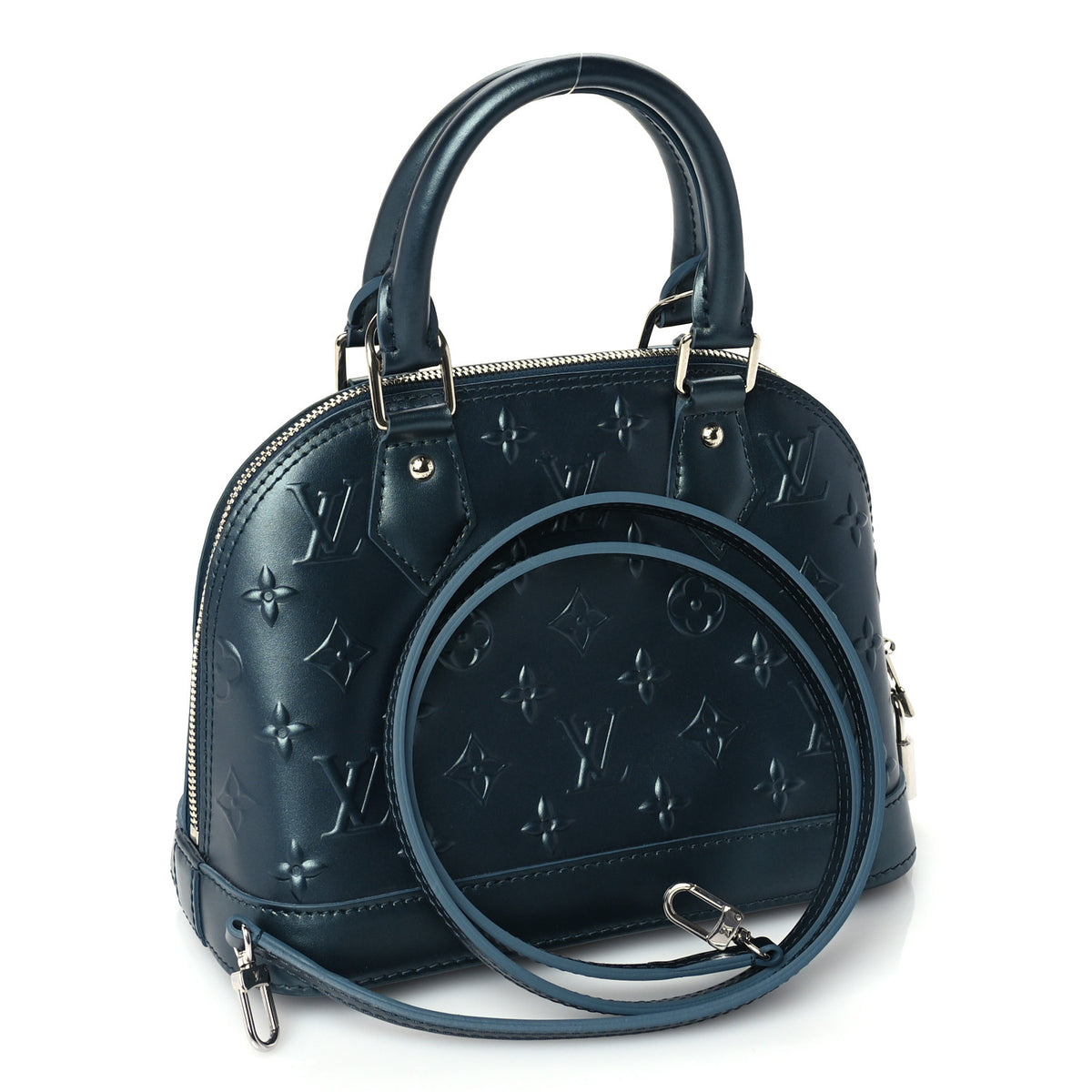 Metallic Calfskin Debossed Monogram Alma BB Steel Blue