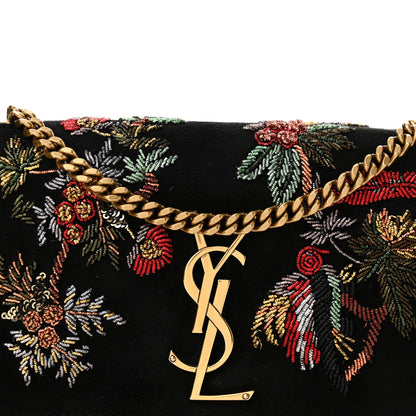 Saint Laurent Suede Embroidered Birds Monogram Chain Wallet Black 8 of 17