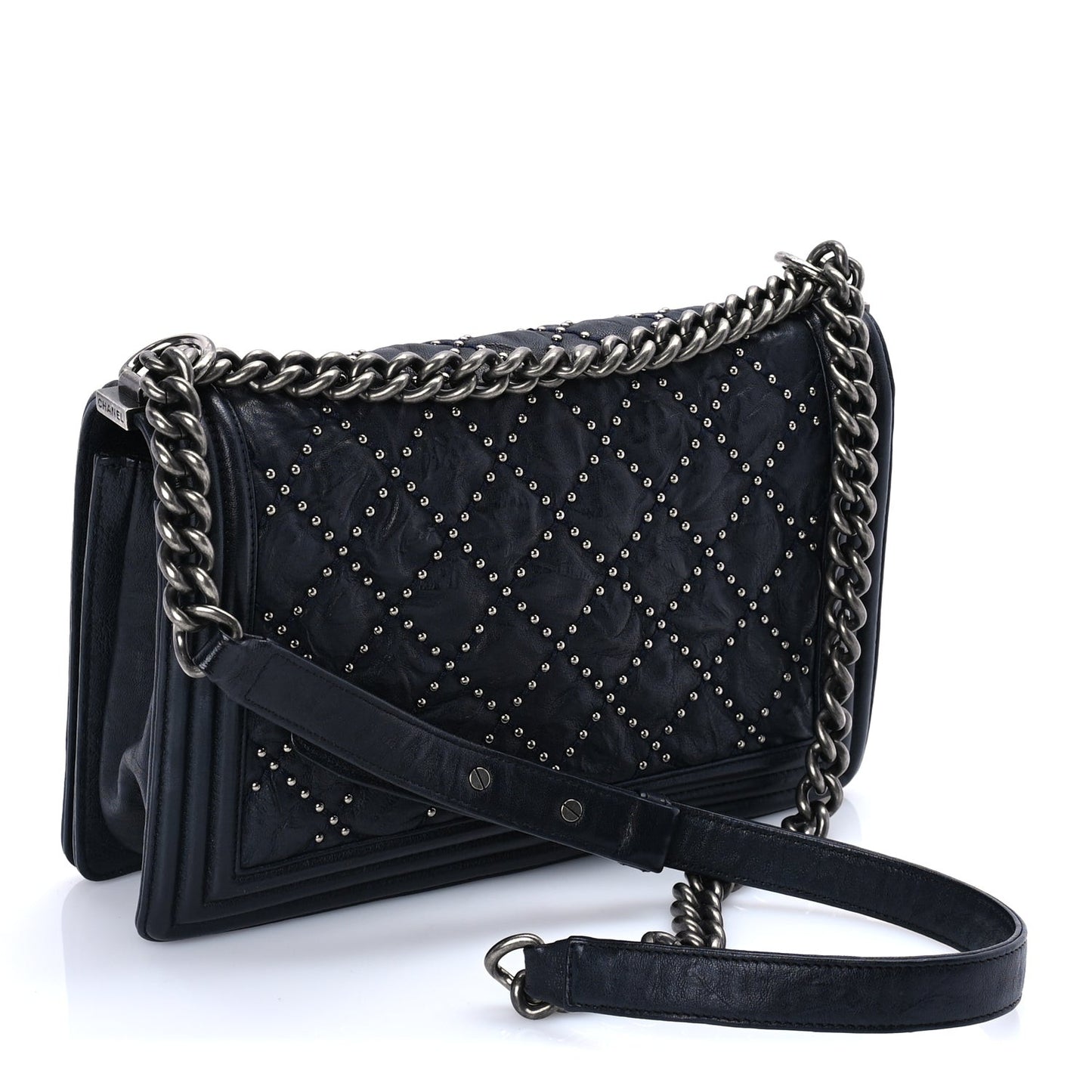 Crumpled Lambskin New Medium Studded Boy Flap Navy