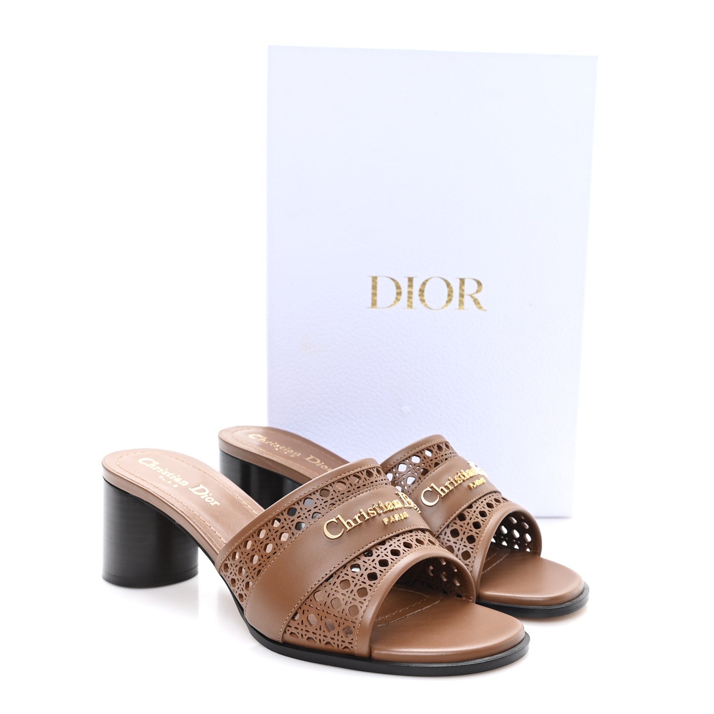 Calfskin Lambskin Micro Cannage D-Lane Pump Slide Sandals 40 Camel