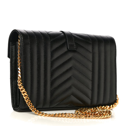Saint Laurent Grain De Poudre Mixed Matelasse Triquilt Monogram Chain Wallet Black 3 of 11