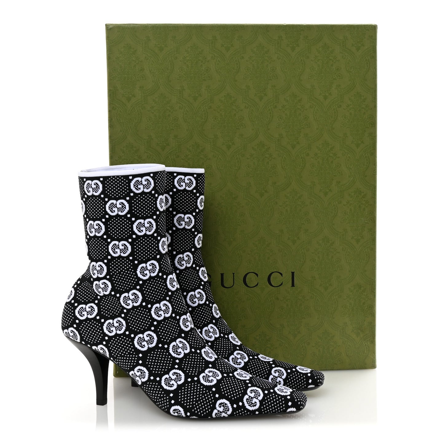 Technical Jersey Knit GG Monogram Square G 75mm Ankle Boots 38 Black Great White