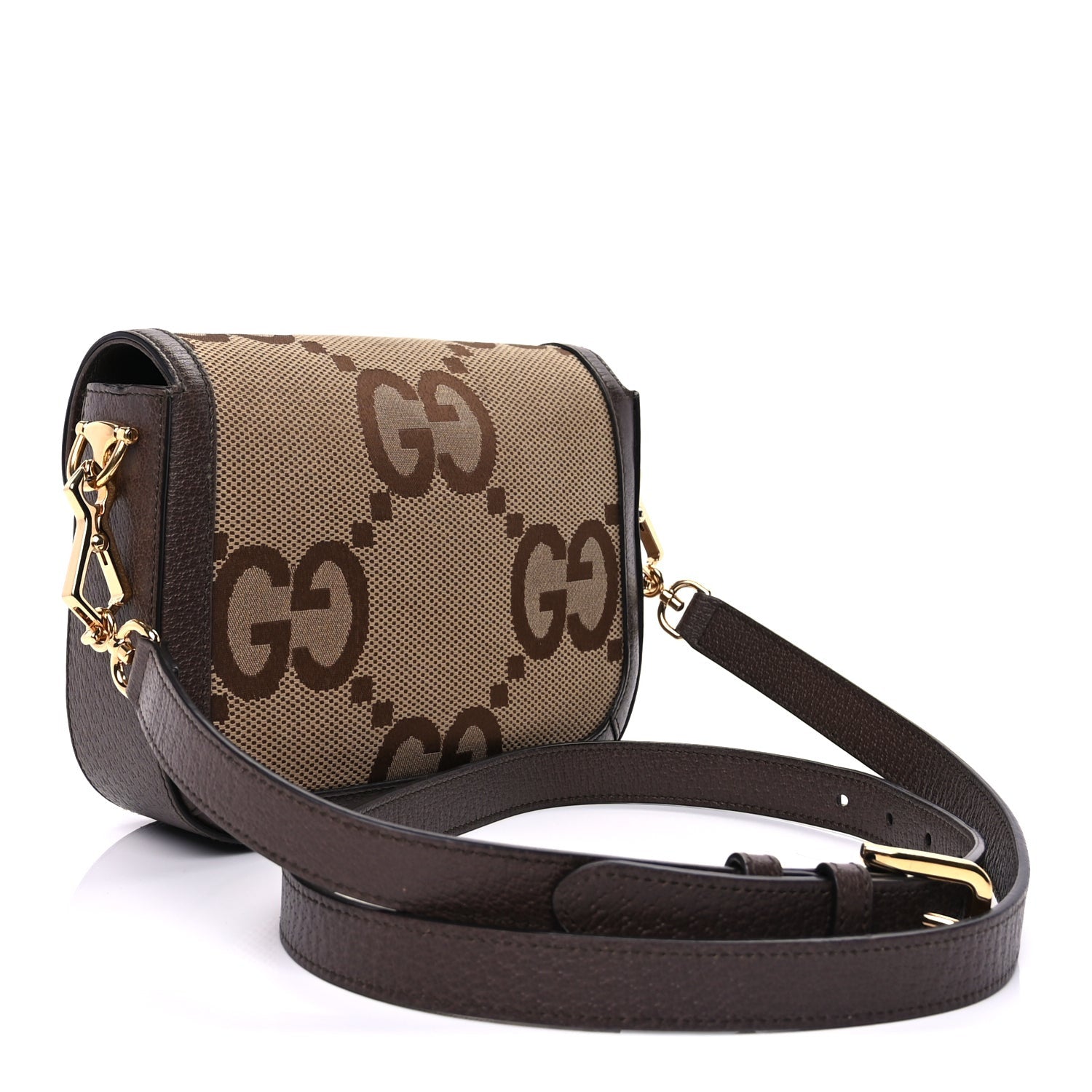 Gucci Monogram Jumbo GG Textured Dollar Calfskin Web Mini Horsebit 1955 Shoulder Bag Camel Ebony New Acero 3 of 9