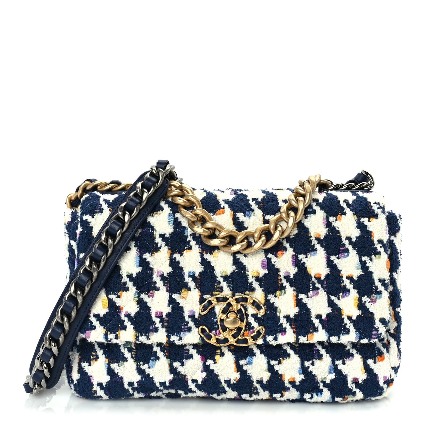 Tweed Quilted Medium 19 Flap Ecru Navy Blue Multicolor
