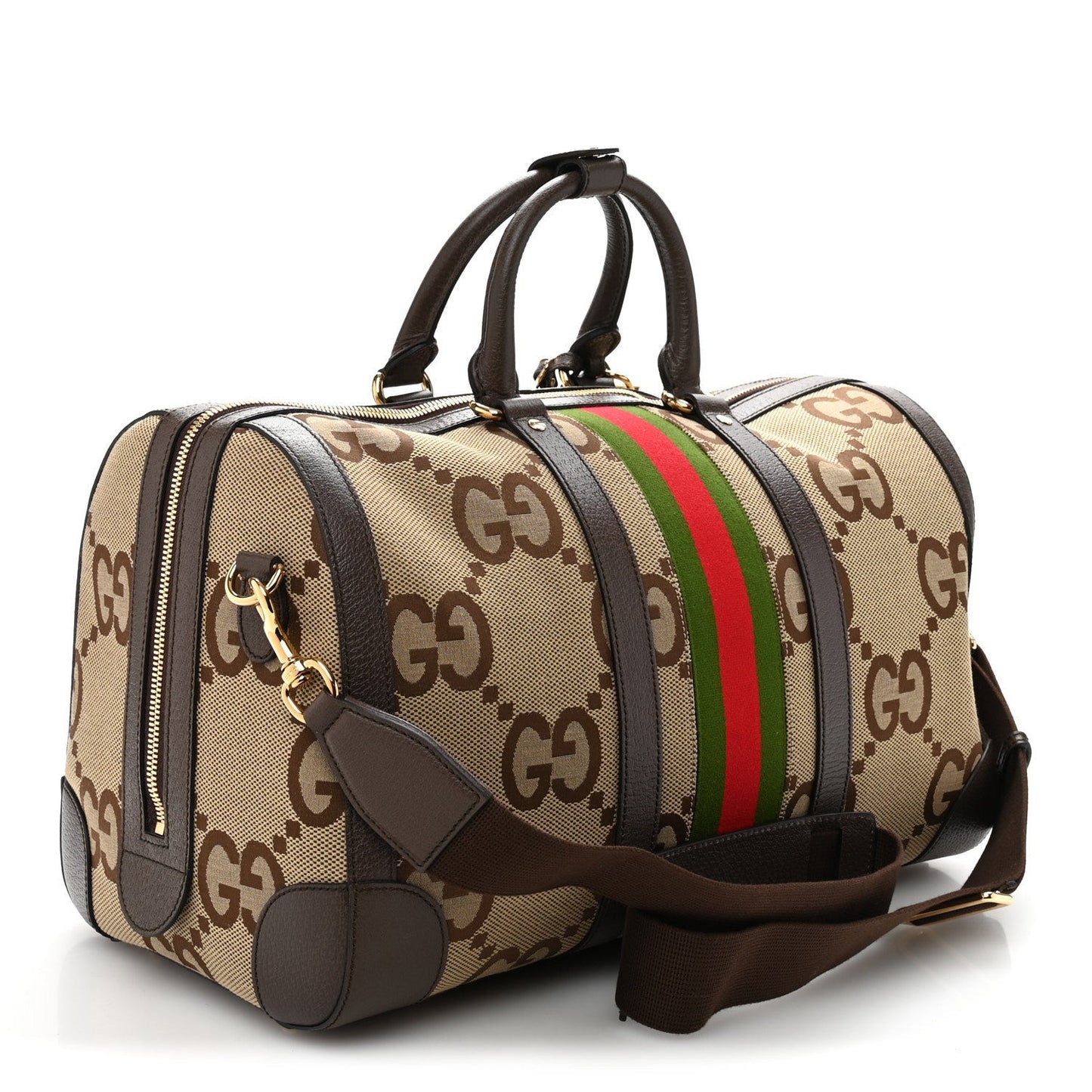 Monogram Jumbo GG Textured Dollar Calfskin Web Medium Duffle Bag Camel Ebony