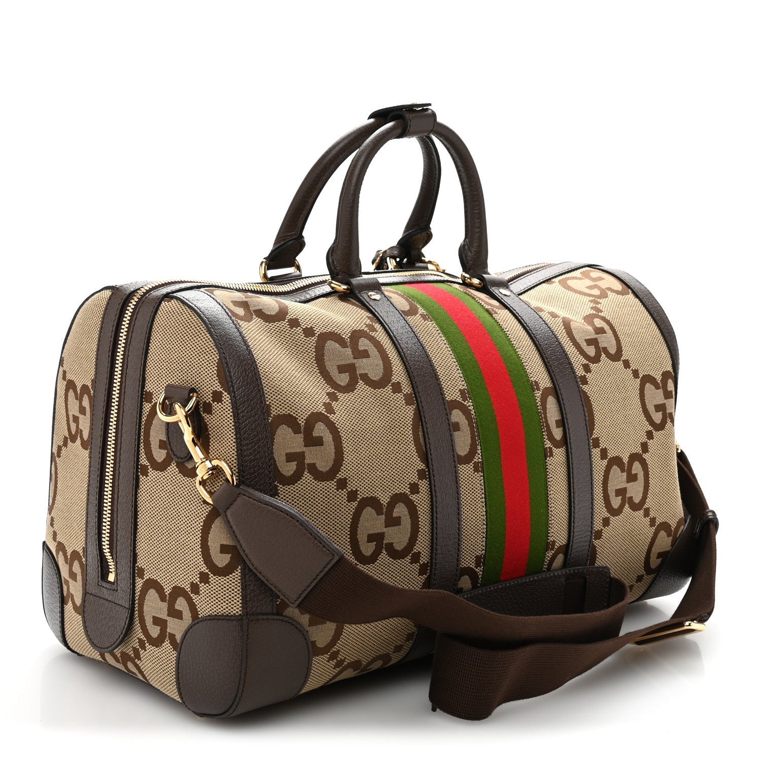 Gucci Monogram Jumbo GG Textured Dollar Calfskin Web Medium Duffle Bag Camel Ebony 2 of 7