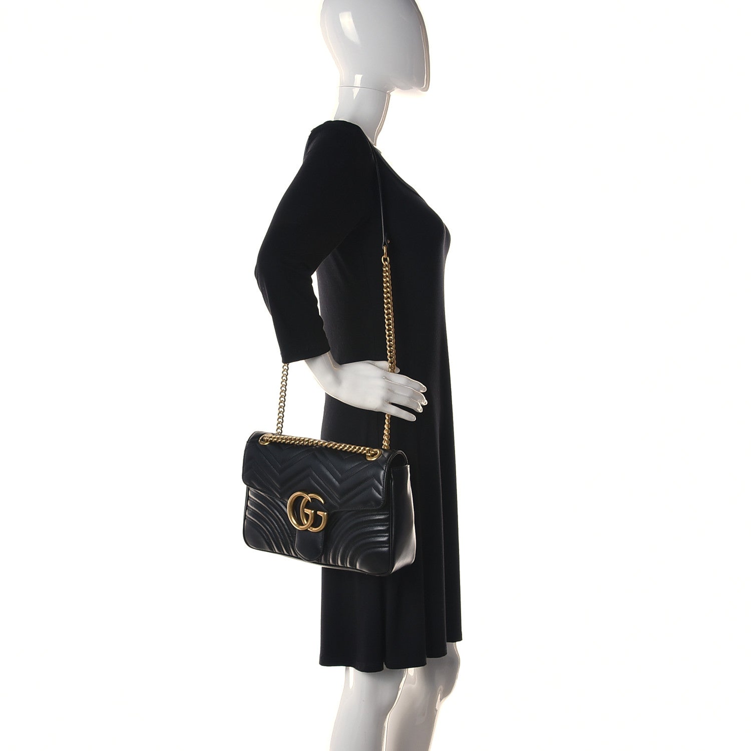 Gucci Calfskin Matelasse Medium GG Marmont Shoulder Bag Black 2 of 12