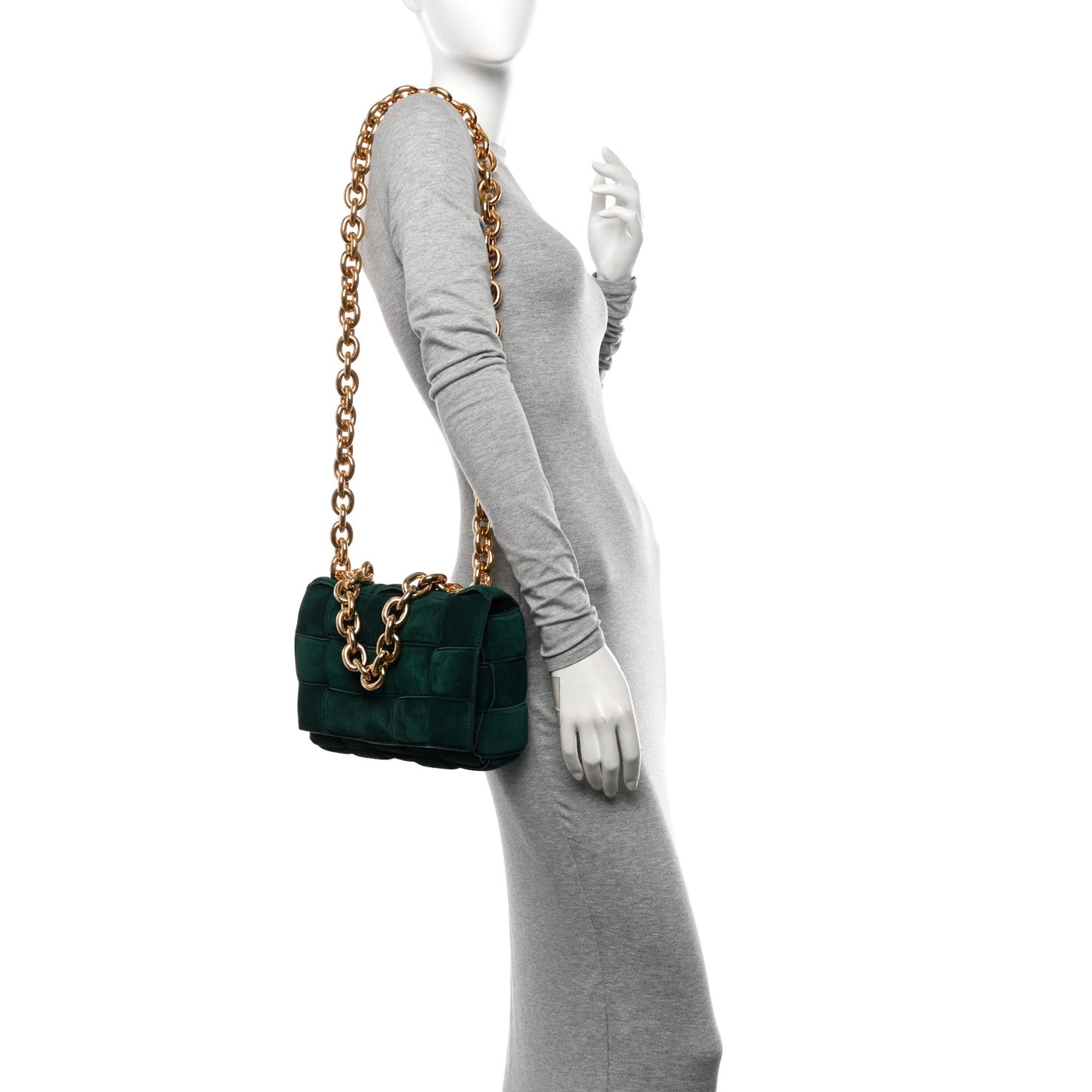Suede Maxi Intrecciato Padded Chain Cassette Crossbody Bag Emerald Green