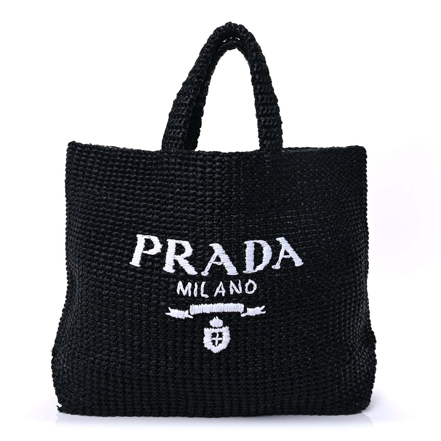 Prada Yarn Raffia Effect Crochet Large Logo Tote  Black 1 of 8