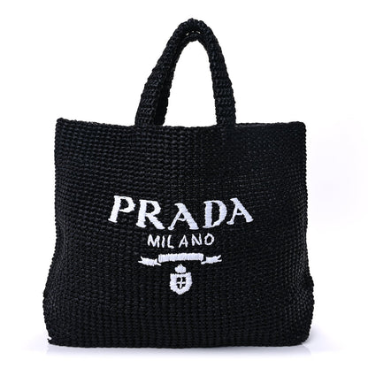 Prada Yarn Raffia Effect Crochet Large Logo Tote  Black 1 of 8