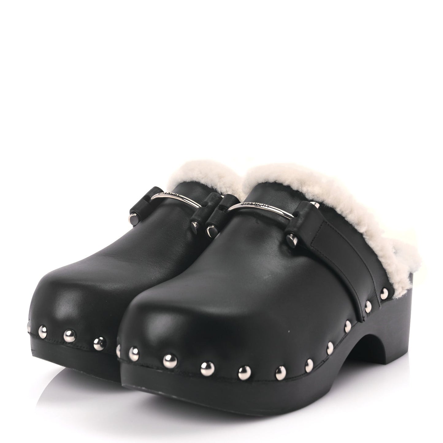 Calfskin Shearling Studded Platform Clogs 38 Black