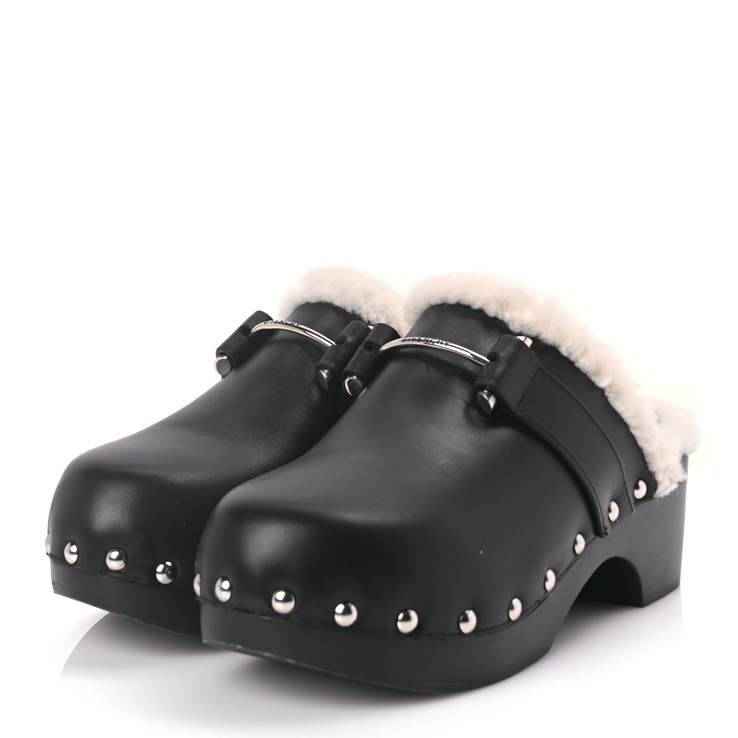 Givenchy Calfskin Shearling Studded Platform Clogs 38 Black 4 of 9