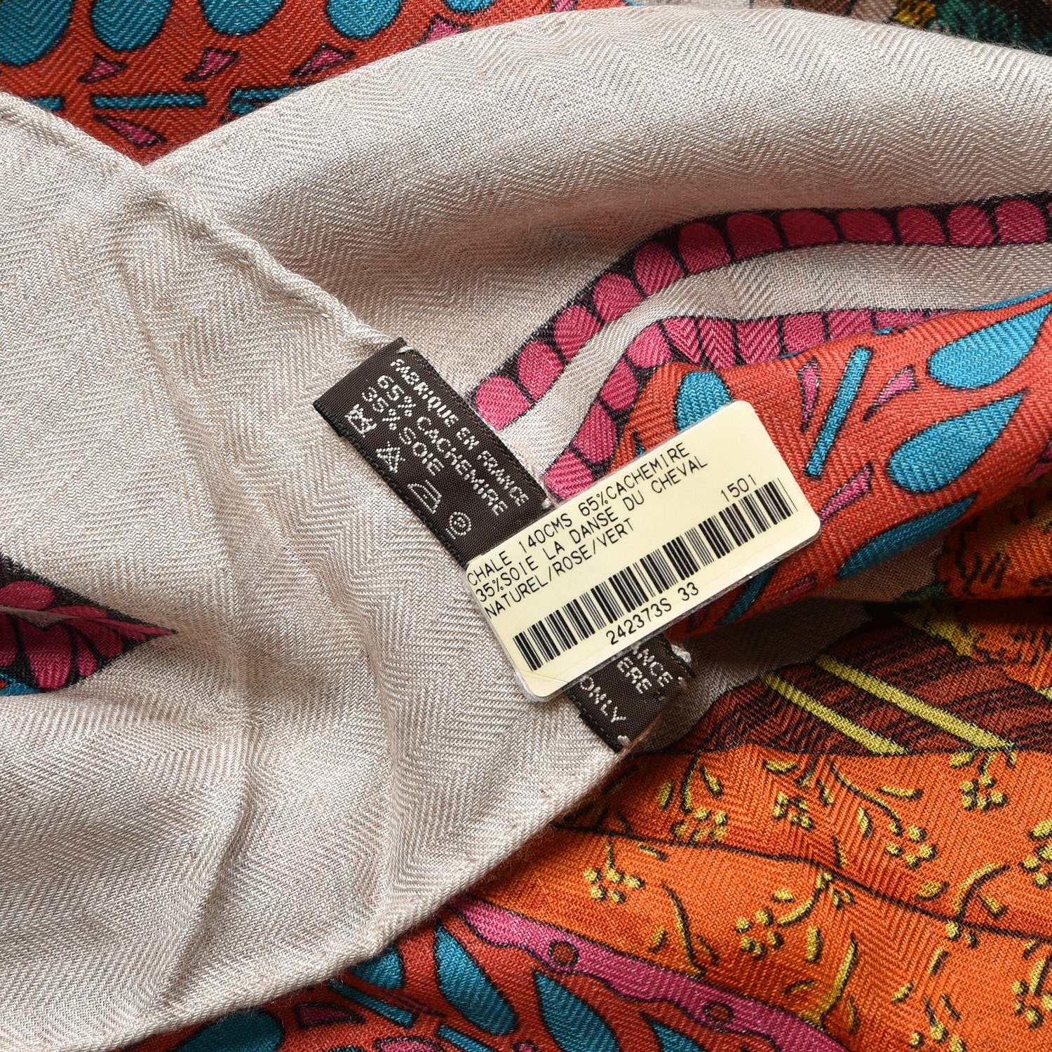 Hermes Cashmere Silk La Danse Du Cheval Shawl 140 Naturel Rose Vert 5 of 7