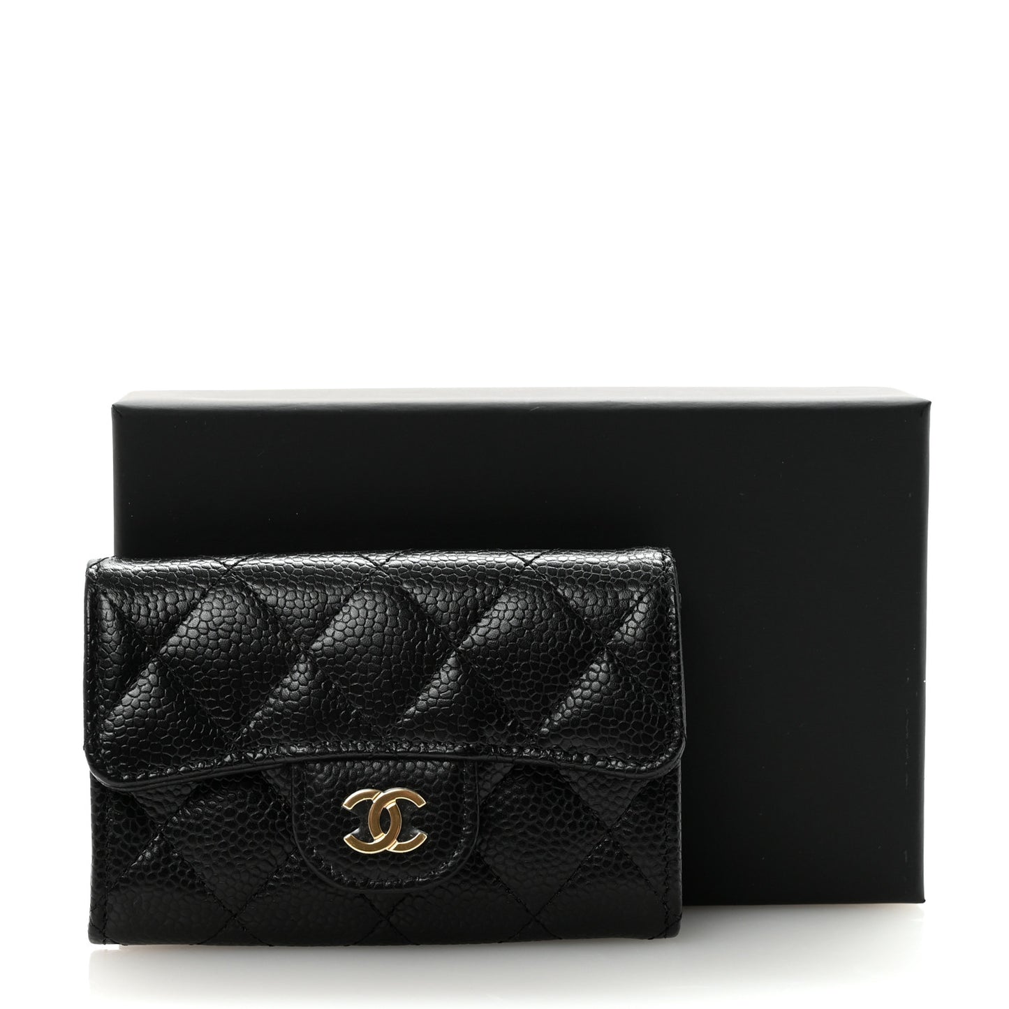 Caviar Quilted Flap Card Holder Wallet Black