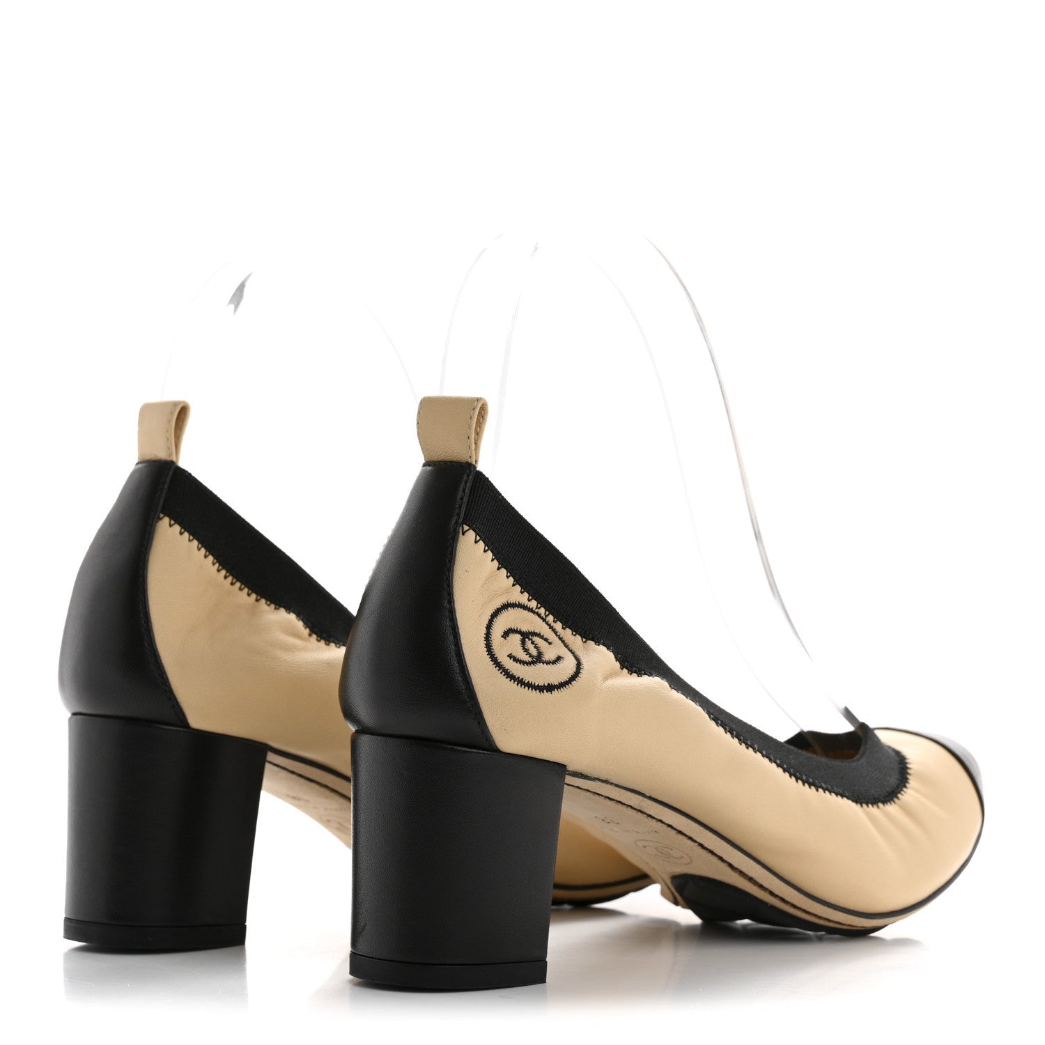 Chanel Lambskin CC Elastic Stretch Pumps 38 Beige Black 4 of 7