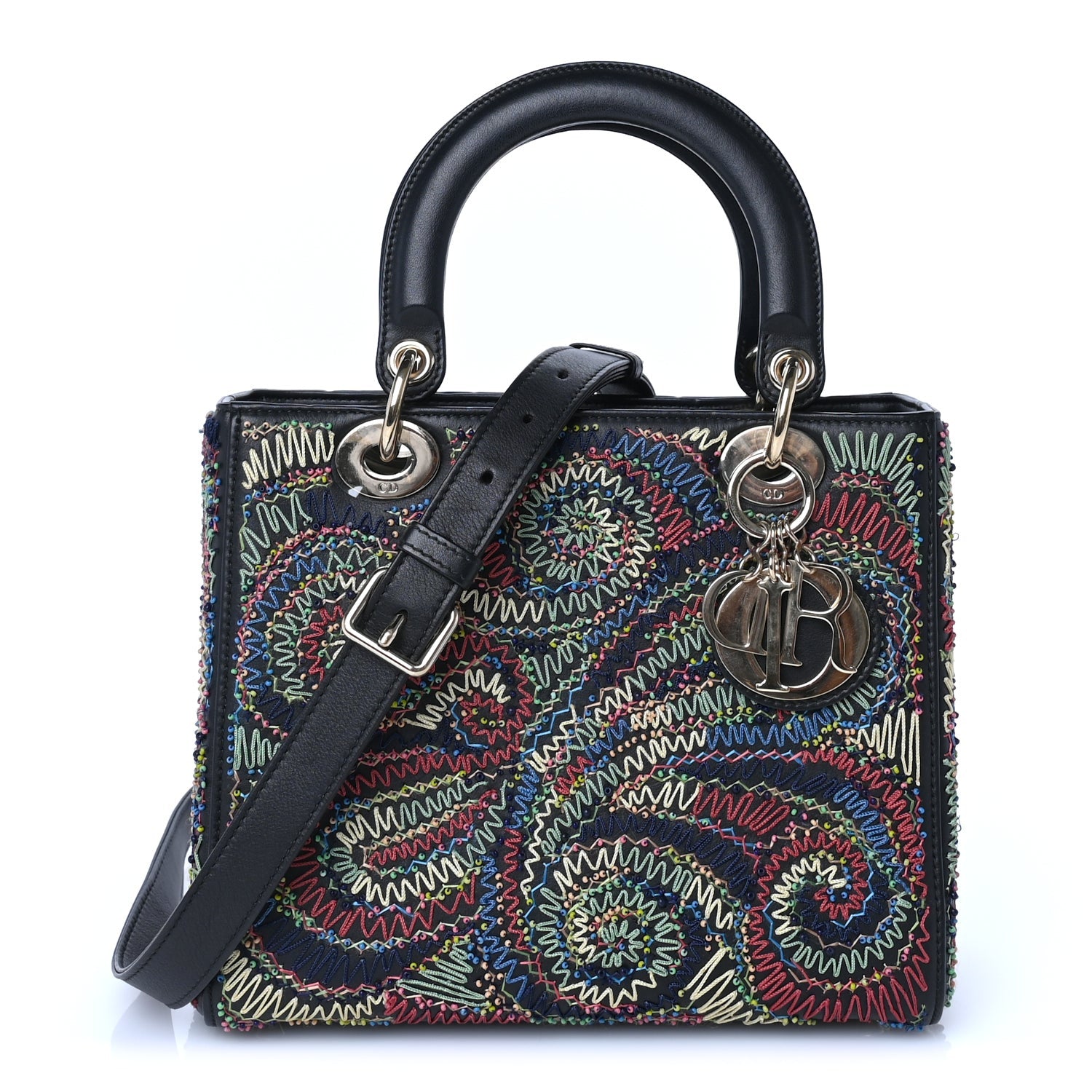 Christian Dior Calfskin Beaded Embroidered Medium Lady Dior  Black Multicolor 1 of 8