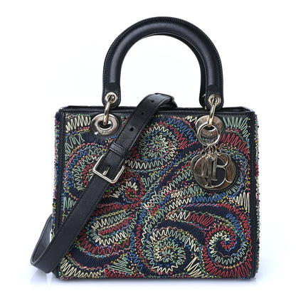 Christian Dior Calfskin Beaded Embroidered Medium Lady Dior  Black Multicolor 1 of 8