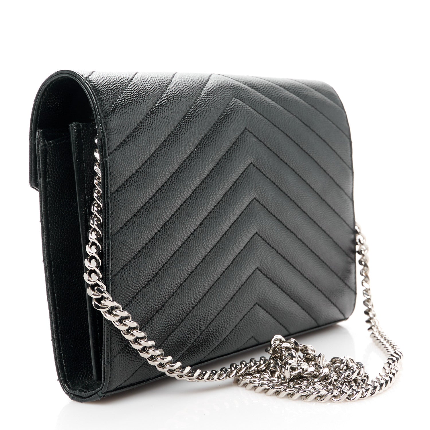 Saint Laurent Grain De Poudre Matelasse Chevron Monogram Chain Wallet Black 3 of 10