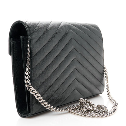 Saint Laurent Grain De Poudre Matelasse Chevron Monogram Chain Wallet Black 3 of 10
