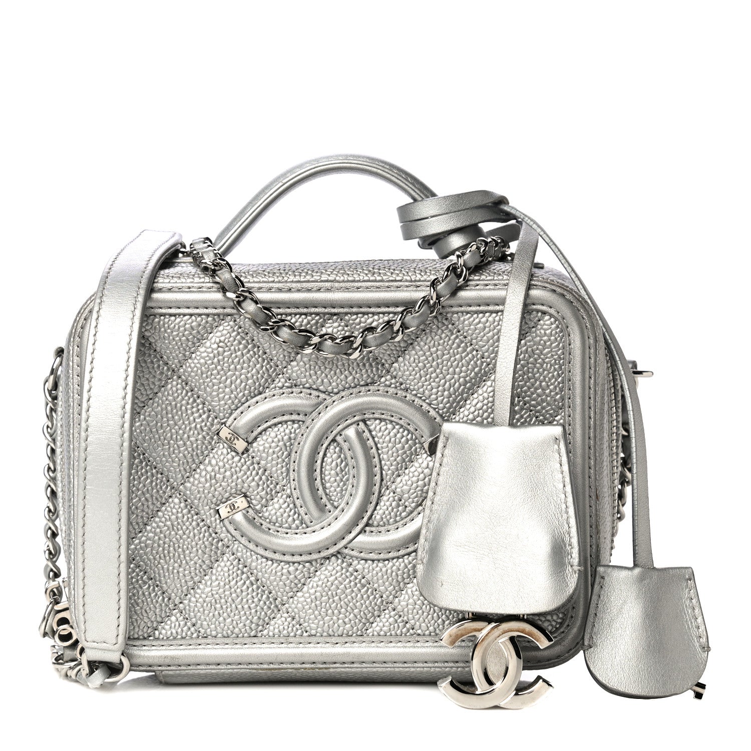 Chanel Metallic Caviar Quilted Small CC Filigree Vanity Case Silver 1 of 16