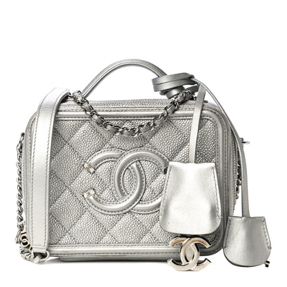 Chanel Metallic Caviar Quilted Small CC Filigree Vanity Case Silver 1 of 16