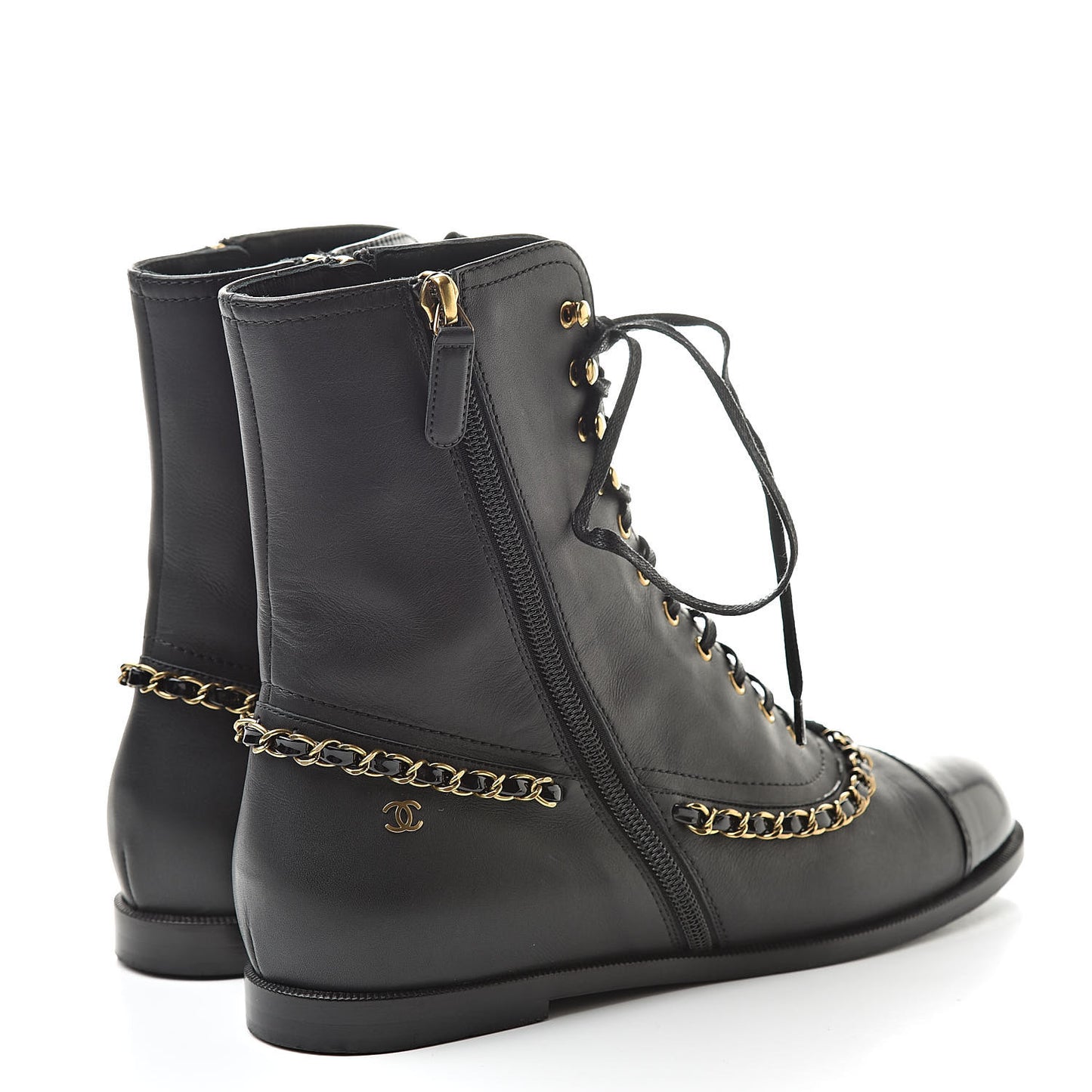 Calfskin Chain Lace Up Boots 38.5 Black