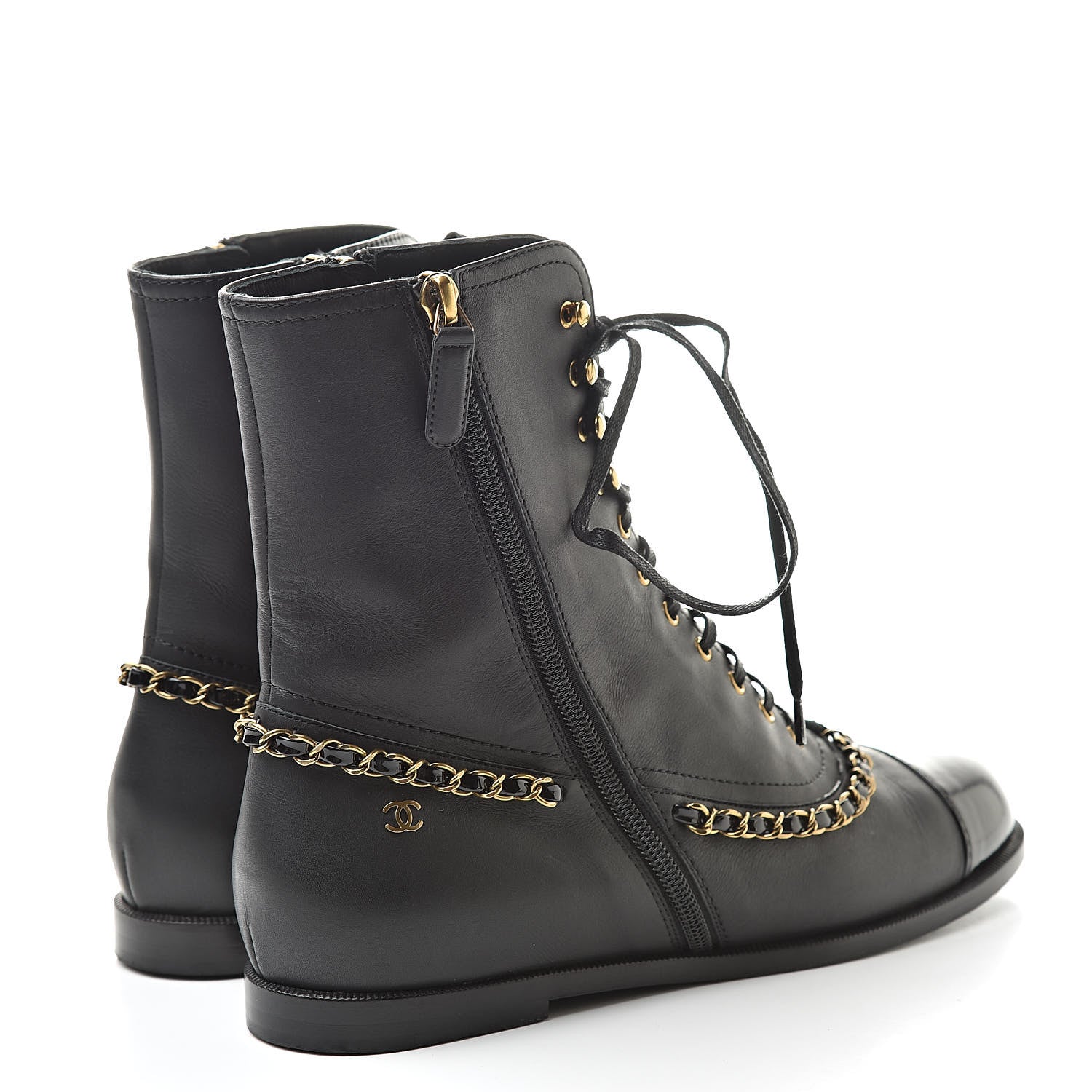 Chanel Calfskin Chain Lace Up Boots 38.5 Black 4 of 12