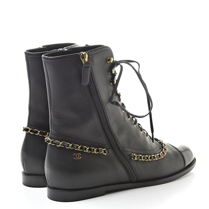 Chanel Calfskin Chain Lace Up Boots 38.5 Black 4 of 12