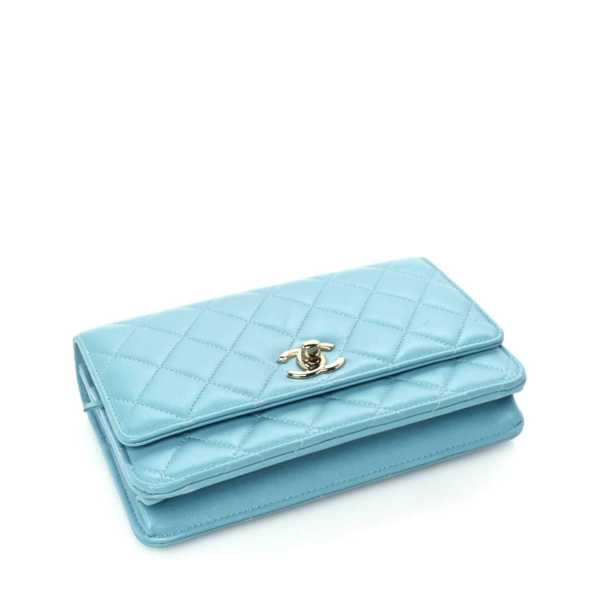 Lambskin Quilted Trendy CC Wallet On Chain WOC Light Blue