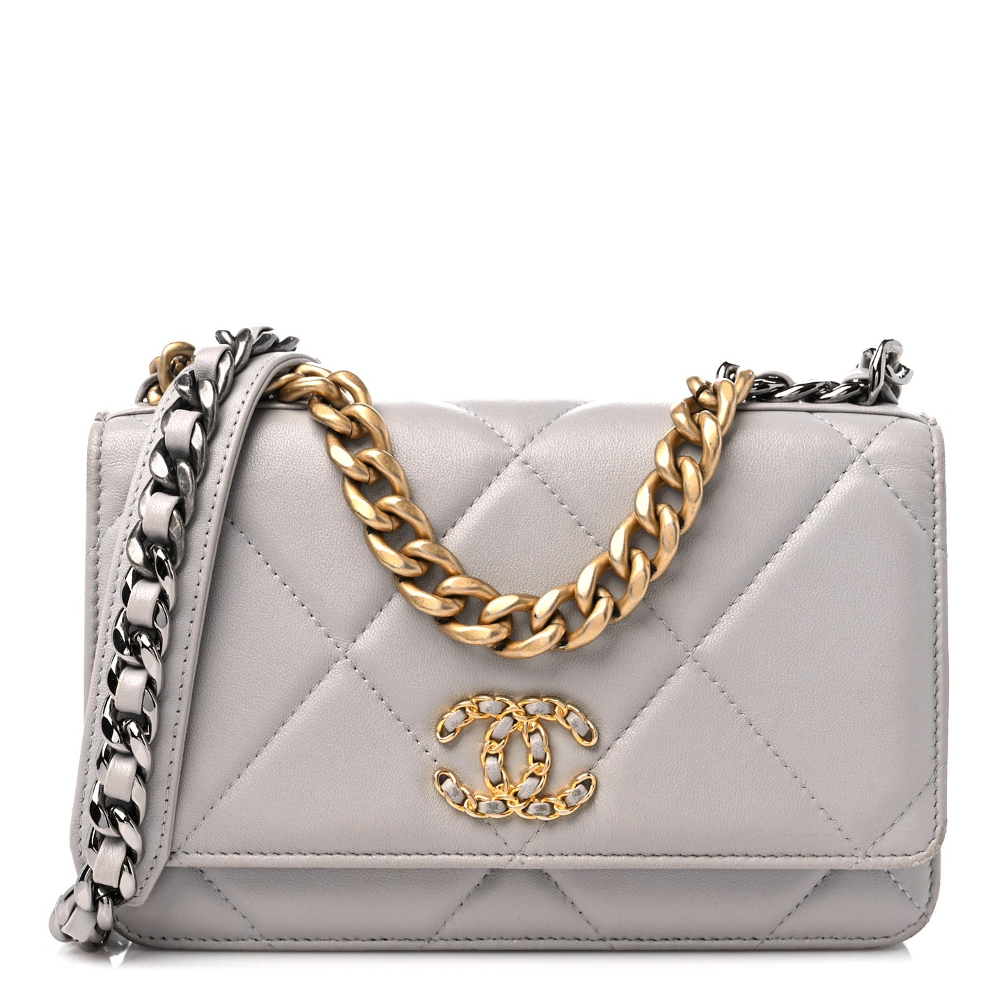 Lambskin Quilted Chanel 19 Wallet On Chain WOC Grey