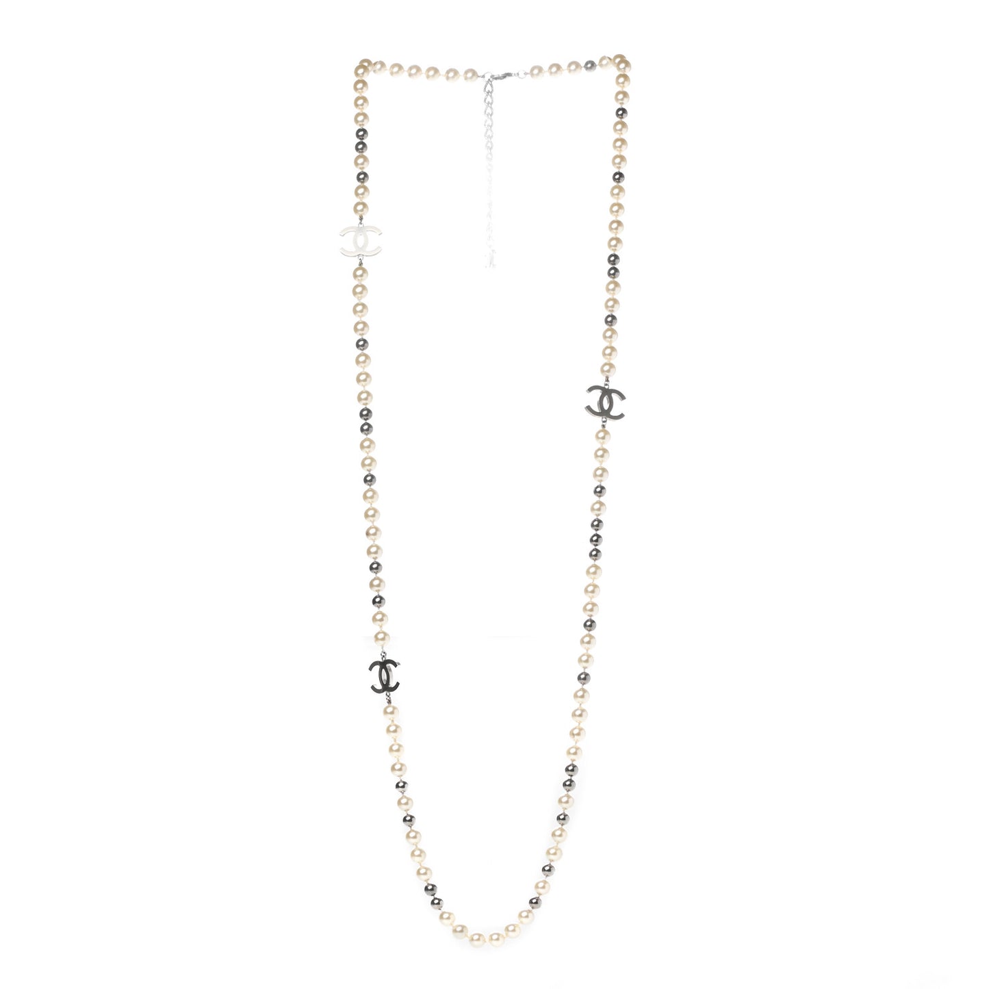 Pearl CC Long Necklace Silver Pearly White Grey