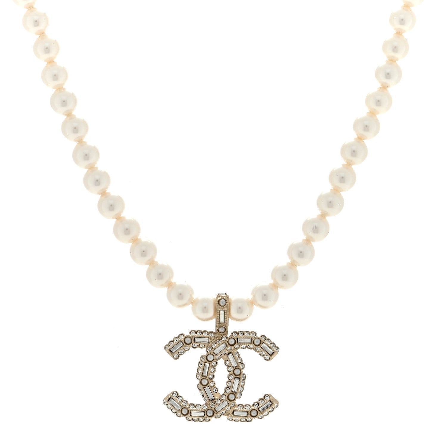 Chanel Pearl Crystal CC Necklace Gold White 1 of 5