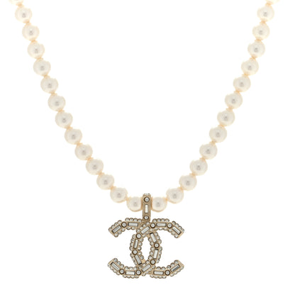 Chanel Pearl Crystal CC Necklace Gold White 1 of 5
