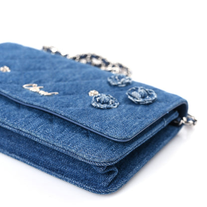 Chanel Denim Quilted Camellia Wallet On Chain WOC Blue 10 of 10