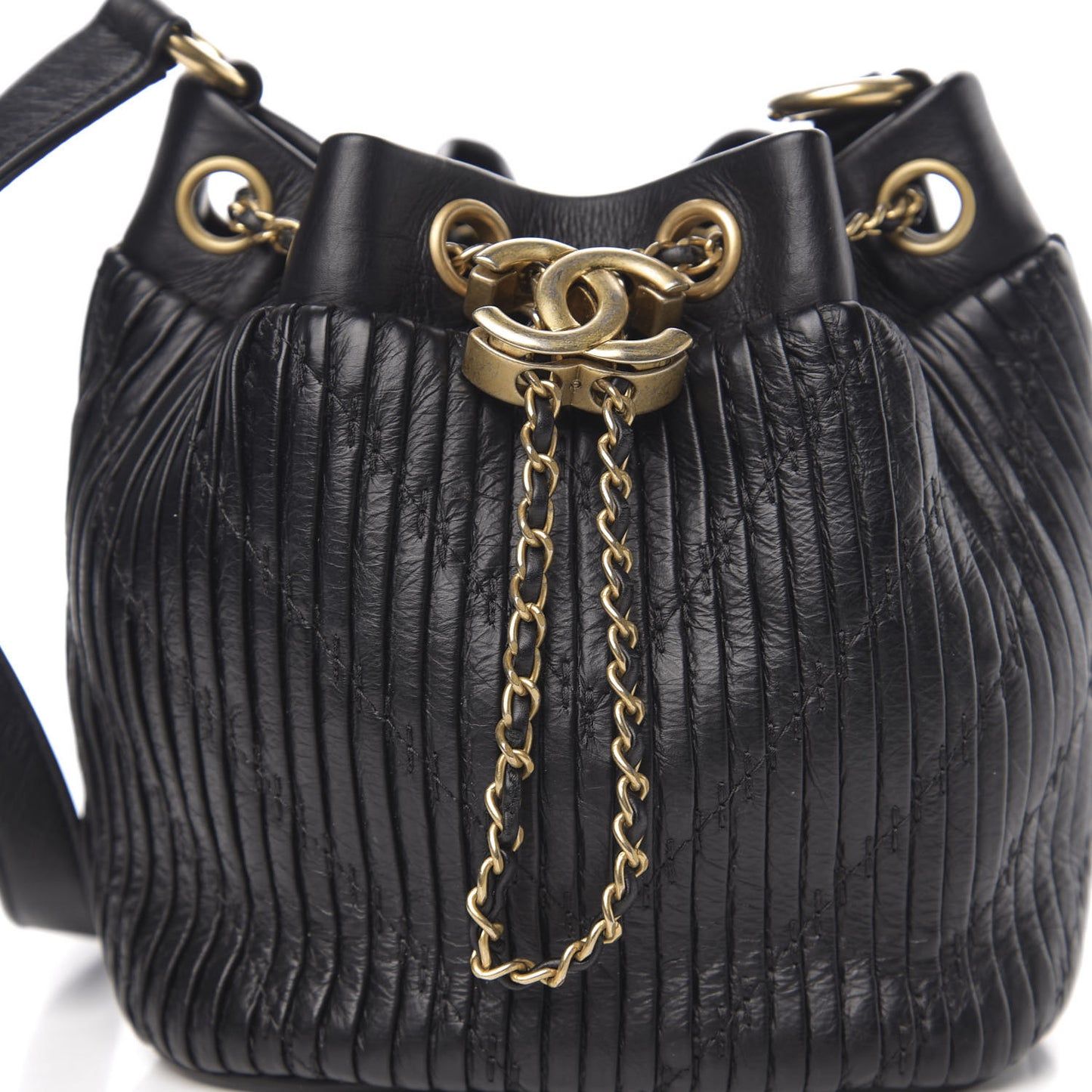 Iridescent Crumpled Calfskin Coco Pleats Small Drawstring Bag Black