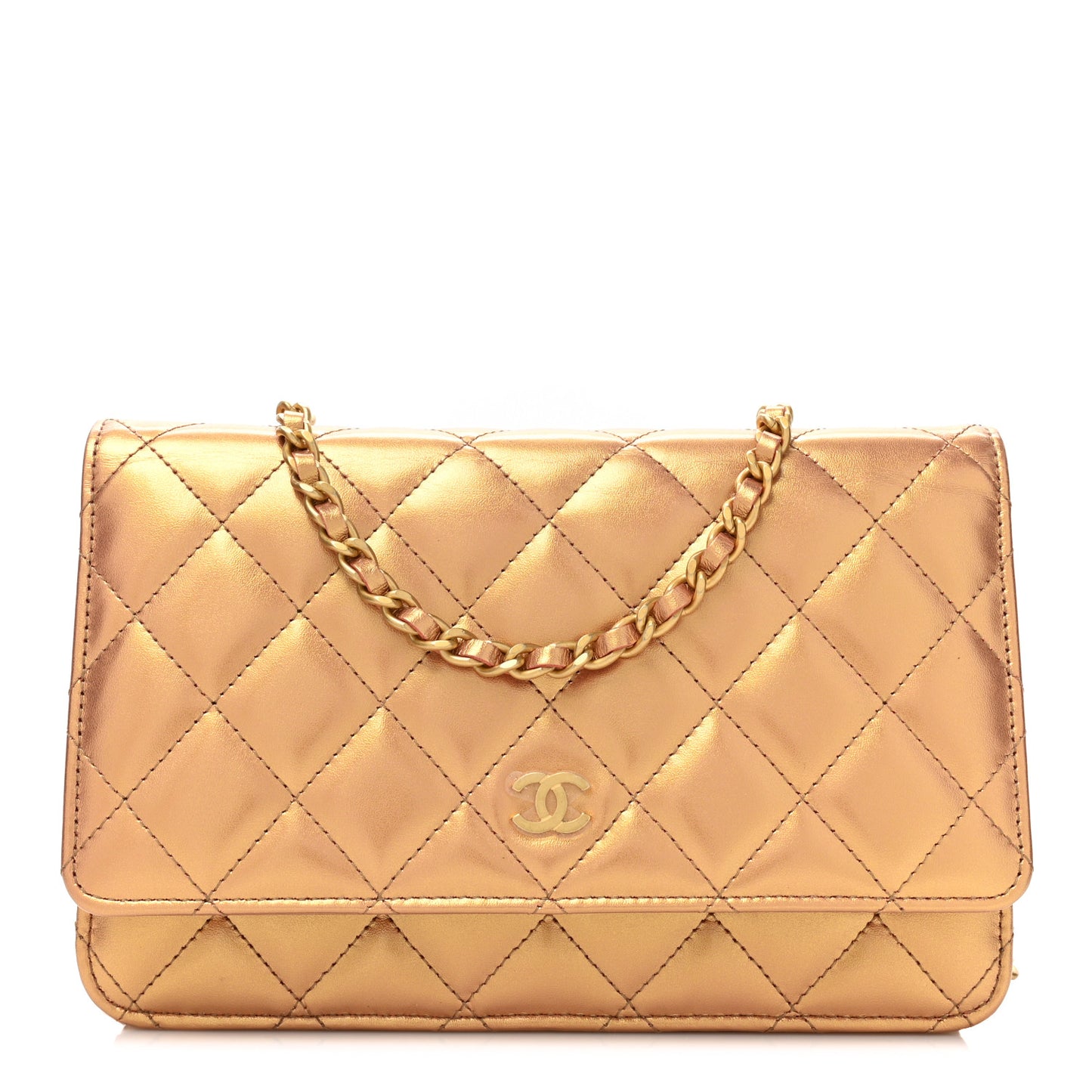 Metallic Lambskin Quilted Wallet On Chain WOC Golden