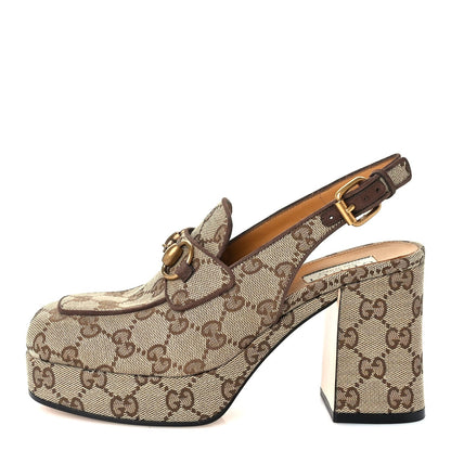 Gucci Monogram Kid Scamosciato Horsebit Platform 25/85mm Slingback Mules 36 Beige Ebony New Acero 1 of 7