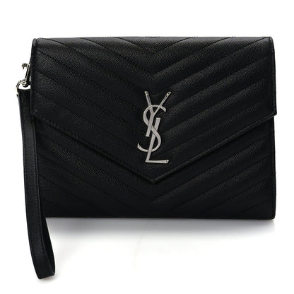 Saint Laurent Grain De Poudre Matelasse Chevron Monogram Envelope Clutch Black 1 of 8