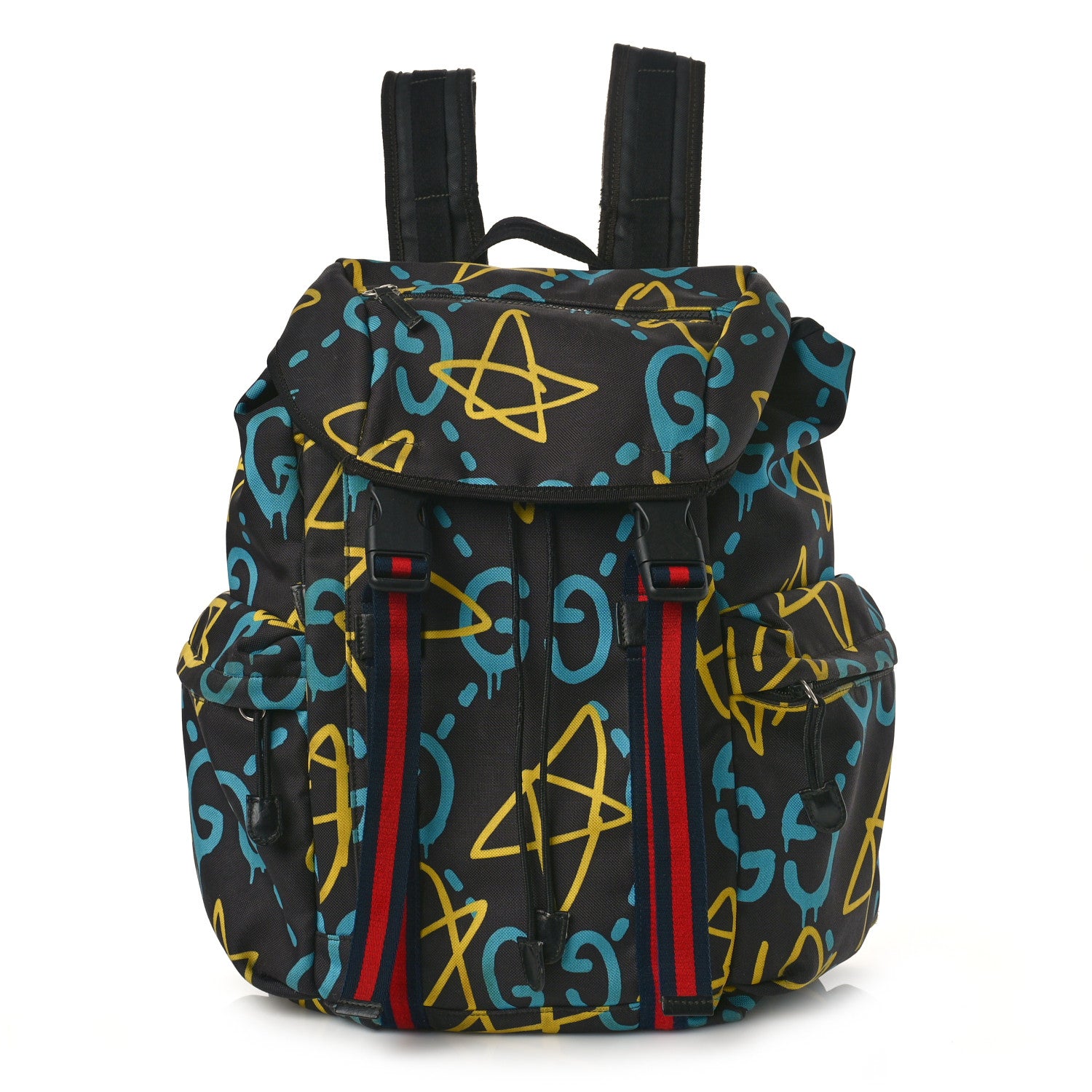 Gucci Techno Canvas GucciGhost Double Buckle Backpack Black New Acquamarine 1 of 13