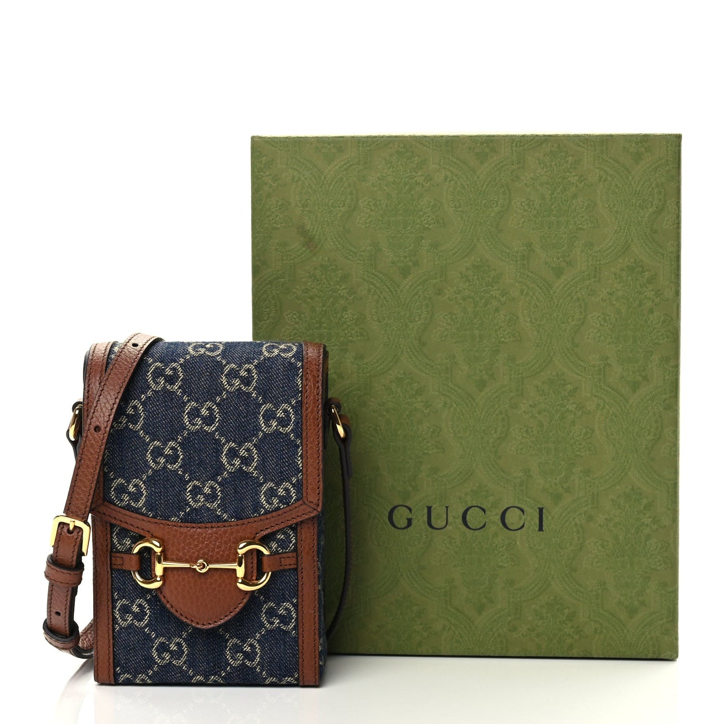 New Denim GG Monogram Dollar Calfskin Mini Horsebit 1955 Crossbody Bag Blue Tea Cuir Epilog
