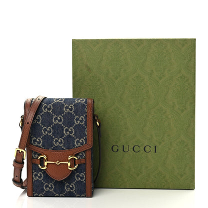 Gucci New Denim GG Monogram Dollar Calfskin Mini Horsebit 1955 Crossbody Bag Blue Tea Cuir Epilog 10 of 10