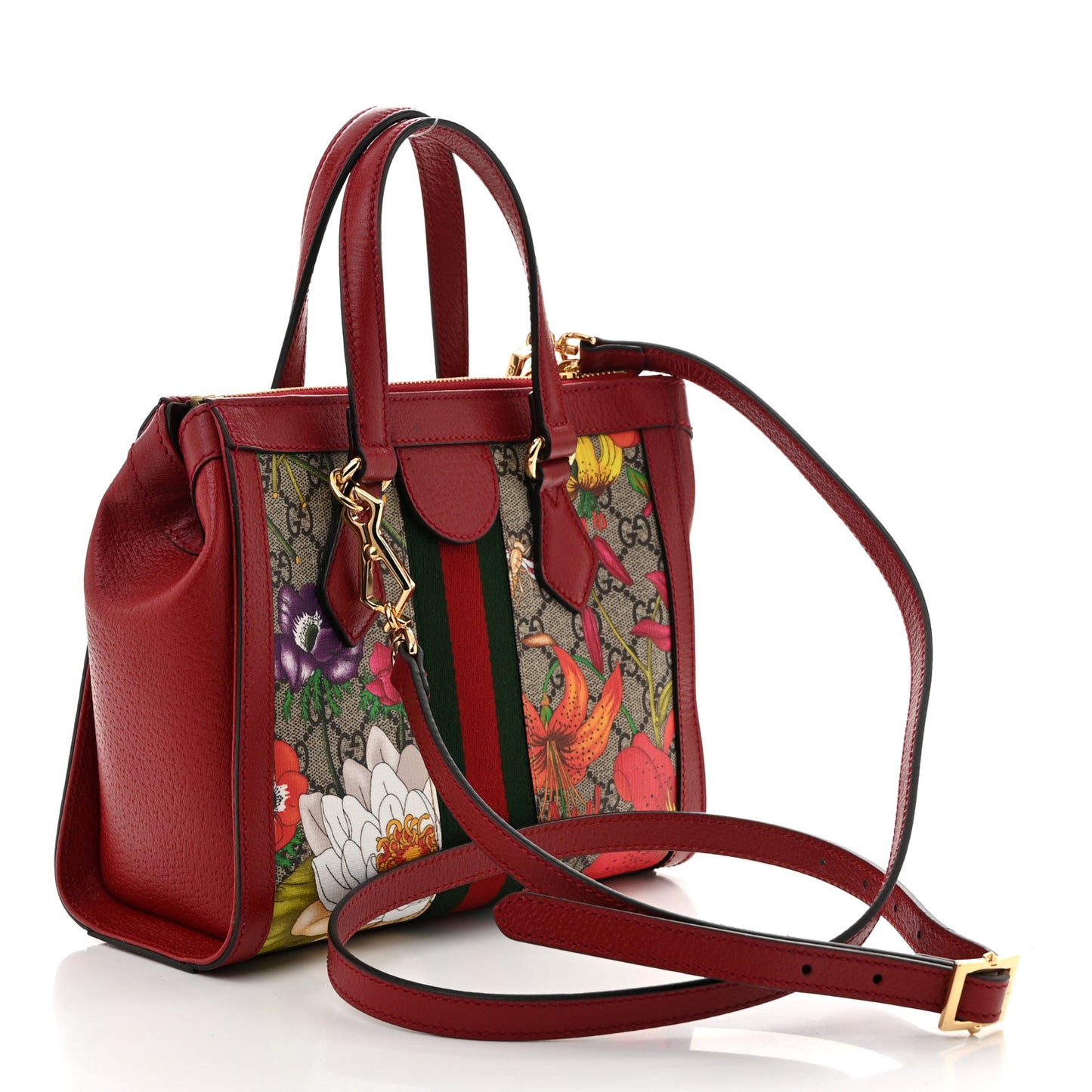 GG Supreme Monogram Flora Web Small Ophidia Tote Bag Red