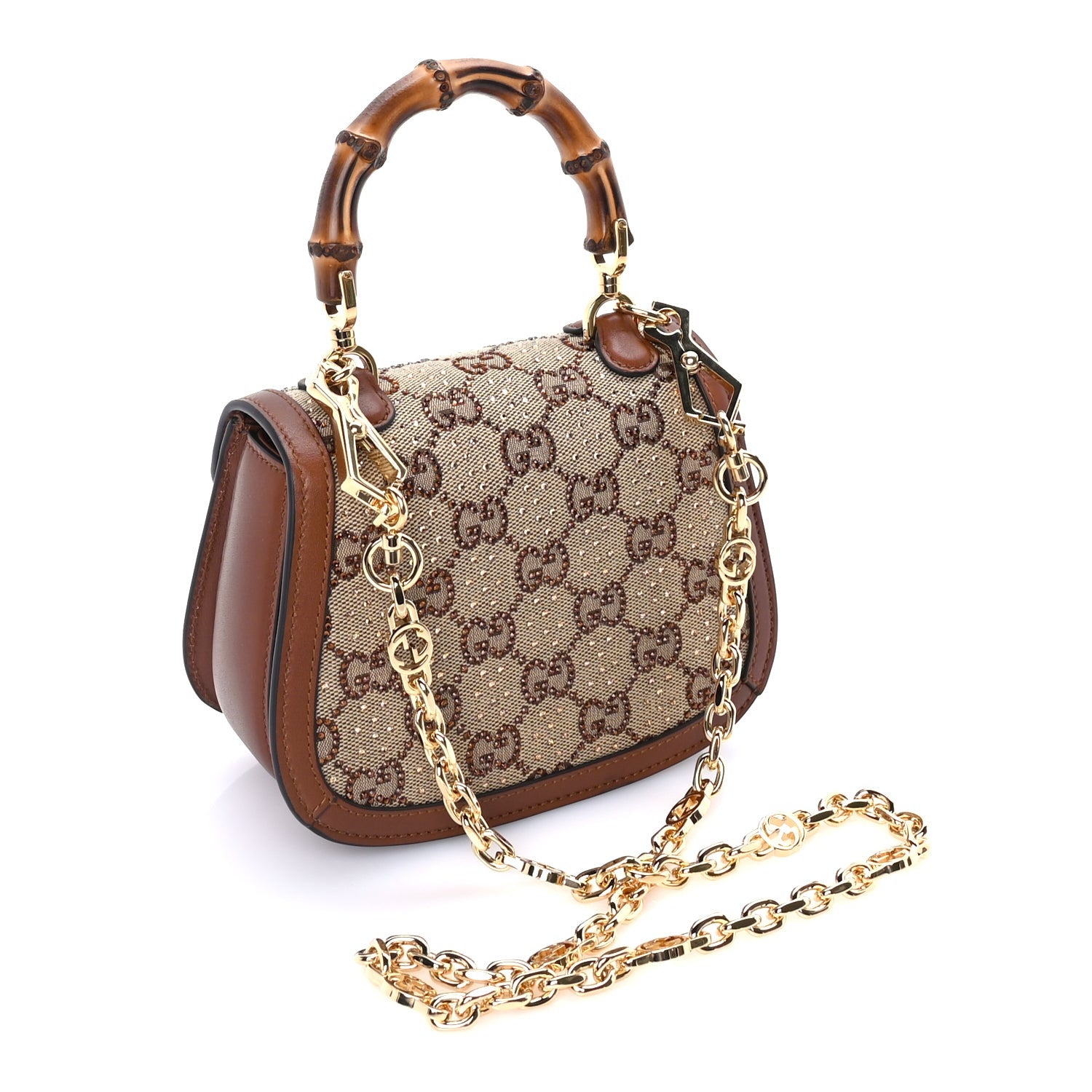 Gucci New Canvas Charisma Calfskin Crystal GG Monogram Small Bamboo 1947 Top Handle Bag Camel Ebony 2 of 7